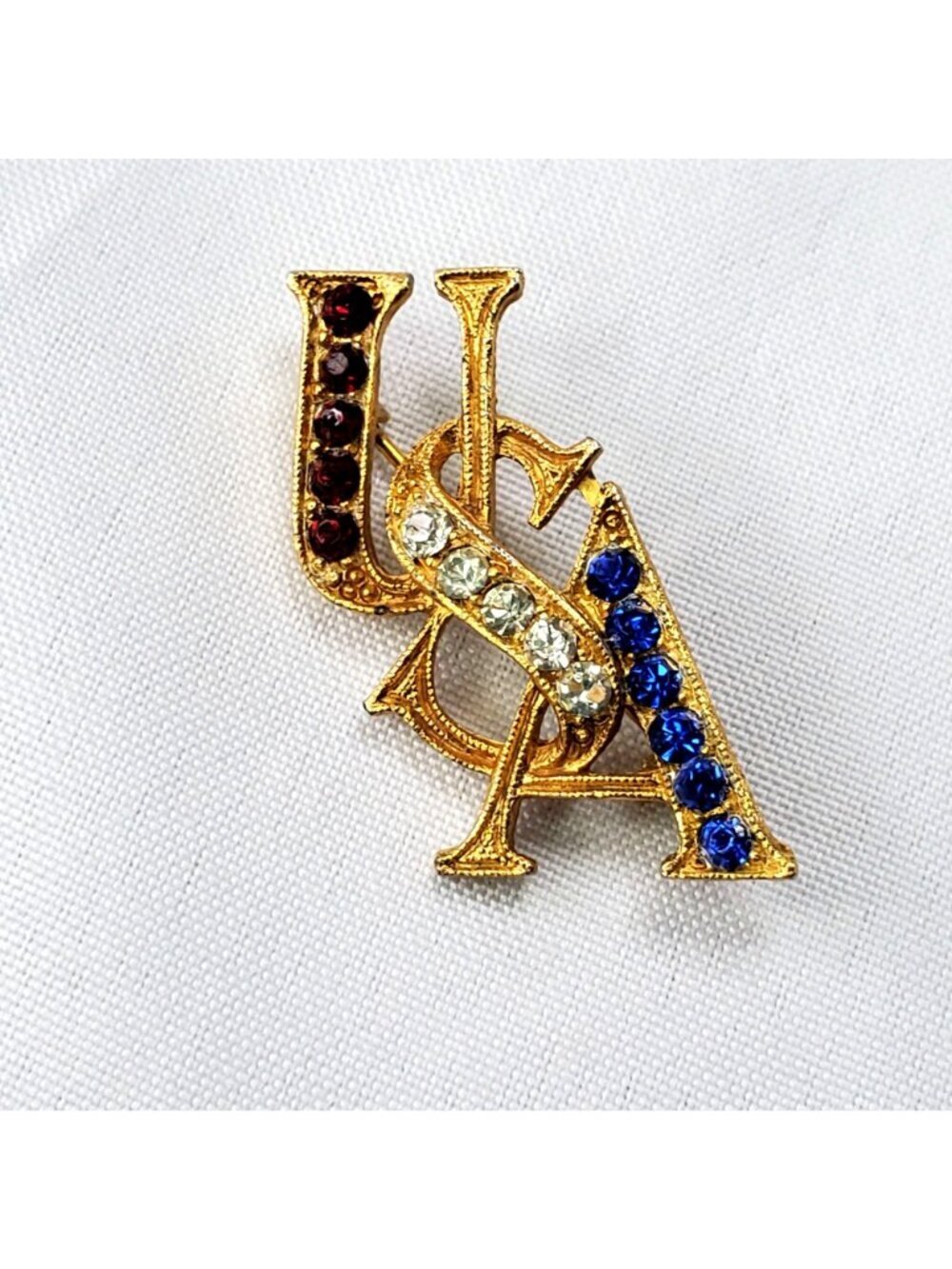 VTG Gold-Tone USA Brooch With Red White & Blue Rhinestones Patriotic Pin 1.5" - Picture 2 of 7